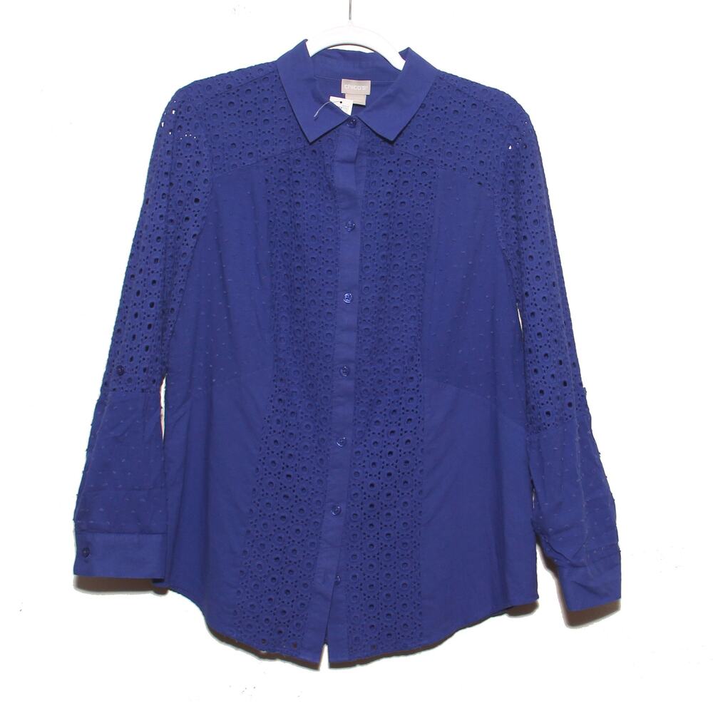 NEW Chico's Blue Grotto Eyelet Mix Shirt Size 1 (8) Roll tab sleeves